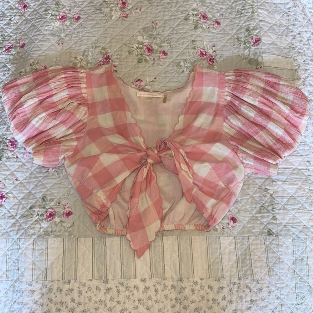Love shack fancy pink gingham tie front top size small